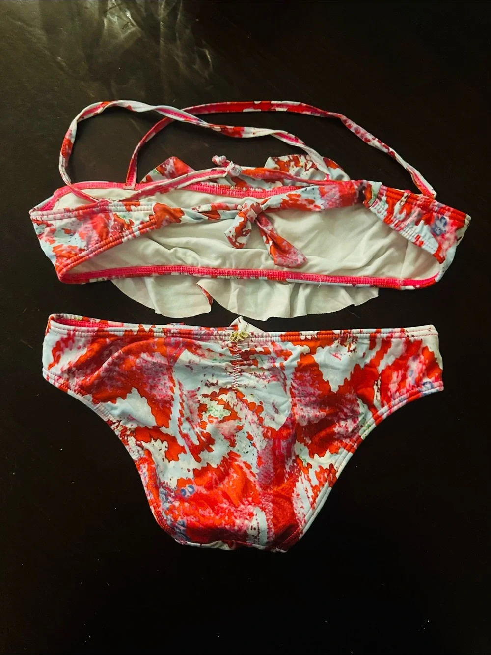 Girl’s PilyQ Ruffled Two-Piece Bikini in Red & White Abstract Print